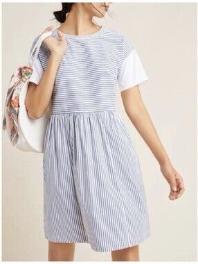 Anthropologie Women's XL Navy White Striped Boho Short Sleeve Pullover Dress